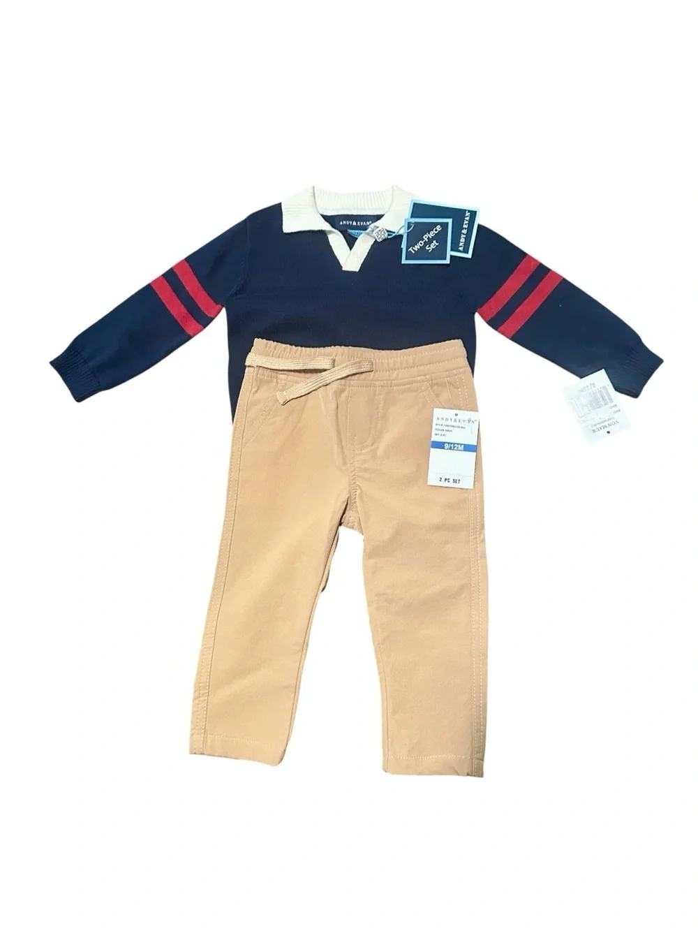 ANDY & EVAN Infant 2-Piece Collared Sweater & Hybrid Pant, Navy & Cognac 9-12M